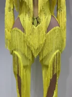 Yellow Tassel Stretch Bodycon Jumpsuit Nightclub Gogo Dance Clothing Dj Rave Outfit Nightclub Party Singer Performance Outfit - Image 6