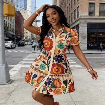 2026Women's Summer Floral Print Shirt Dress Puff Sleeve Ruffle Hem A-Line Mini Dress 1