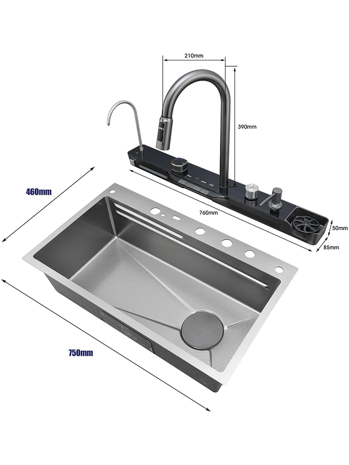 Integrated Waterfall Kitchen Sink Honeycomb Technology Large Digitial Display Stainless Steel Water Filter Cup Washer 6