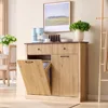 Modern Double Tilt-Out Trash Cabinet, 20 Gallon Fluted Laundry Hamper Cabinet with 2 Drawers, Wooden Hidden Garbage Can Cabinet 1