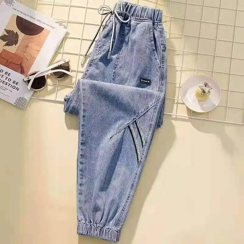 Description Picture 6 of itemWomens Elastic High Waist Denim Trousers Drawstring Jogger Harem Pants Long Ankle Trousers Blue Loose Cowboy Pants New 2024