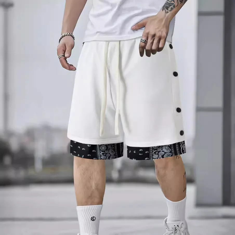 2024 Summer trendy casual men shorts with loose drawstring double breasted five point pants for men's street straight leg pants