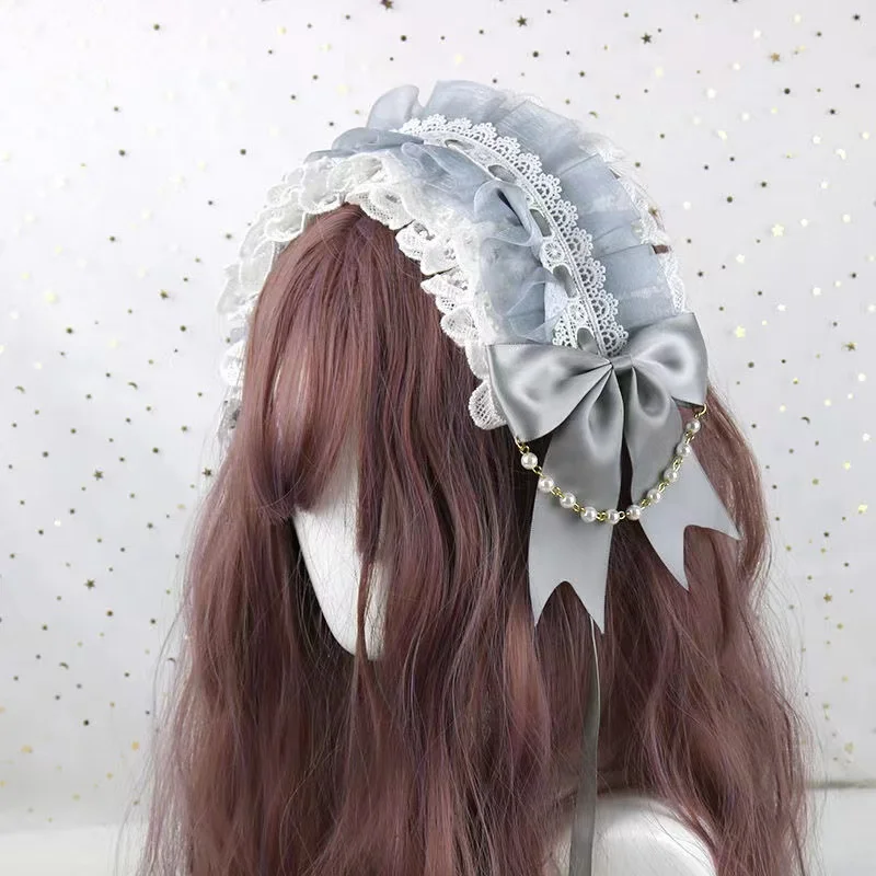 Ruffled Lace Headpiece Headband Weet Lolita Bowknot Maid Headdress Women Girls Japanese Style Crisscross Ribbon Pearls Beaded
