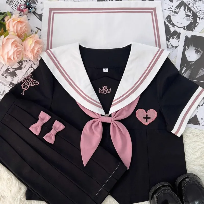 2024 JK Uniform Japanese Campus Style Sailor Suit Summer Black And Pink Colored Cute Lolita Short Sleeved Top Skirt Soft Sets