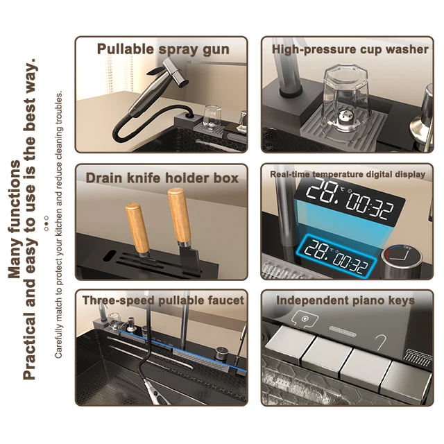 อ่างล้างจานสแตนเลสแบบน้ำตก รุ่นใหม่ ลายนูน ขนาดใหญ่พิเศษ ช่องเดียว ดีไซน์ทันสมัย พร้อมหน้าจอดิจิตอล อเนกประสงค์ 3
