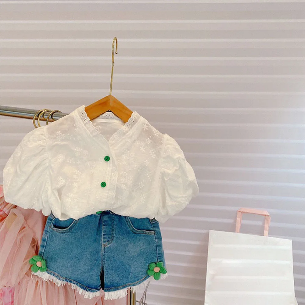 

Melario Summer Girls Sets Lace Puff Sleeve Top + Applique Flowers Denim Shorts Fashion Baby Kids Outfit Children Clothes Suit