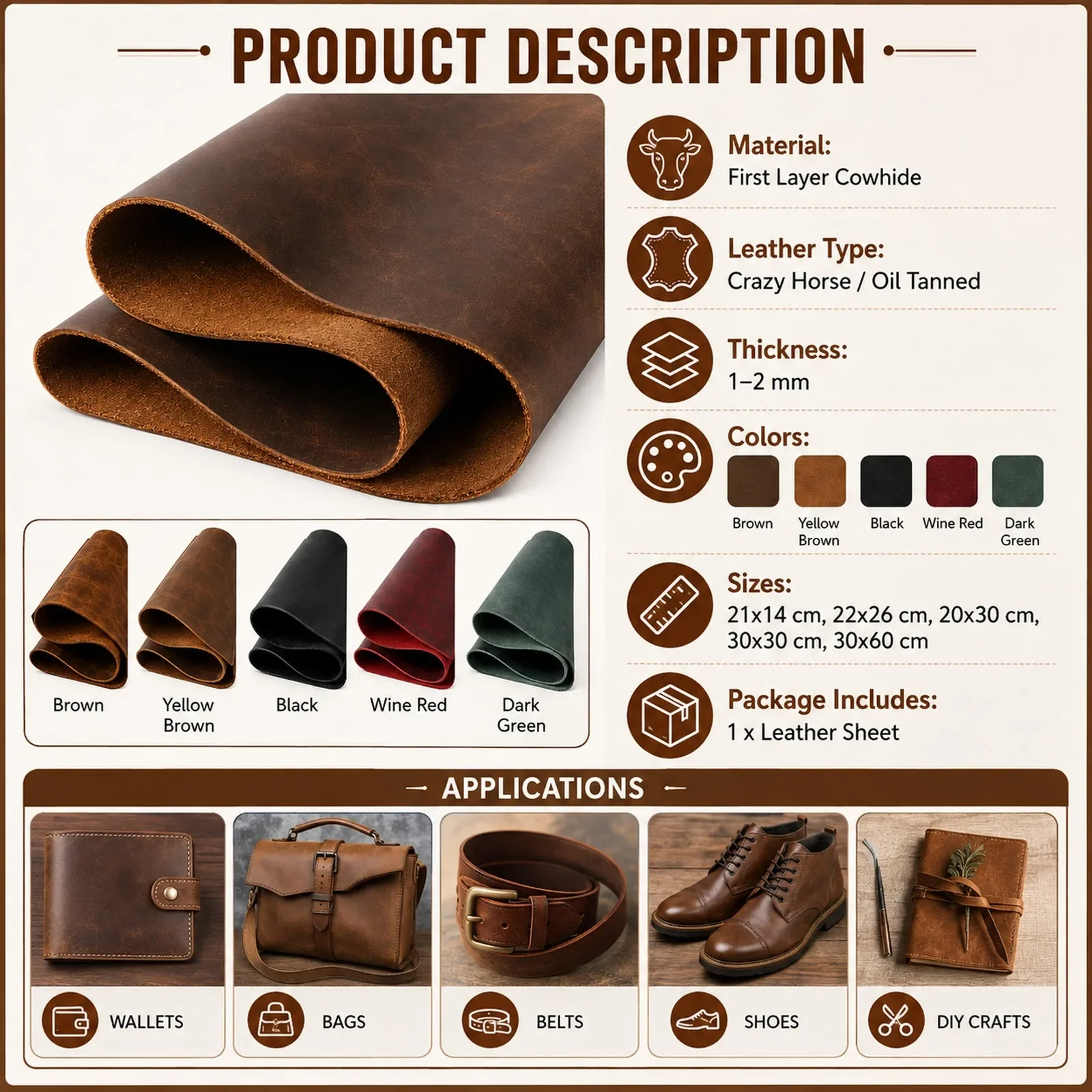 Premium Crazy Horse Leather – Black, Brown, Wine Red – Full-Grain Genuine Leather