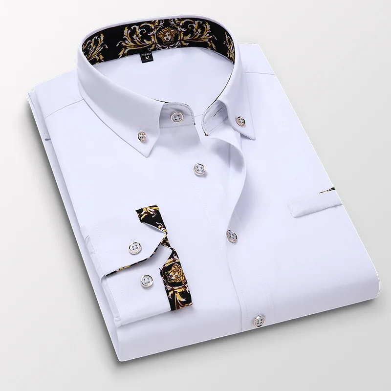 Male Black Business Slim Fit Shirts Fashion Shirts For Men Autumn Long Sleeve Print Patchwork White Formal Tops Clothing MY633