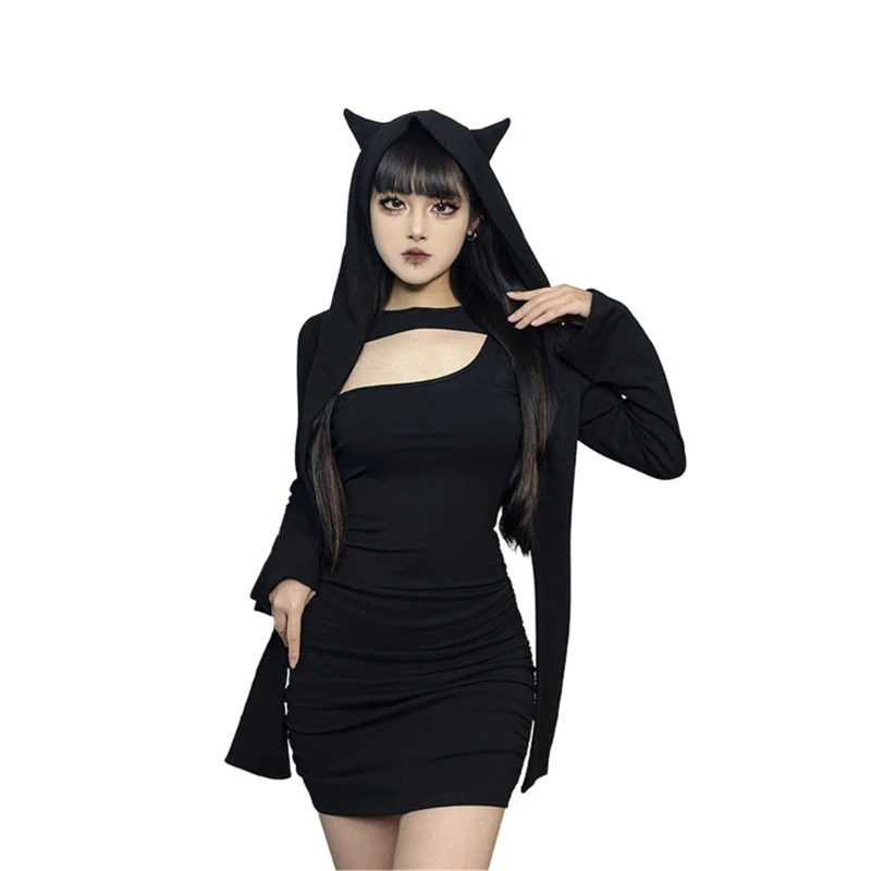 

Womens Gothic Dress with Hooded Crop Top Halloween Dress with Long Sleeve Cape Punk Black Dress Set