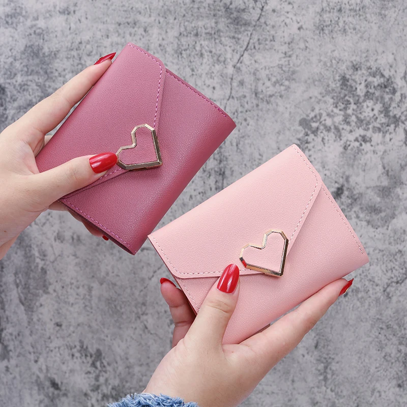 

Fashion Candy Color Fashion Women Coin Purse Leather Vintage Short Wallet Gold Heart Hasp Ladies Girls Card Holder Clutch Bag