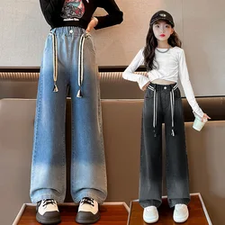 Girls Jeans Autumn 2024 Loose School Teens Straight Denim Pants for Kids Casual Elastic Waist Children Trousers 12 13 14 Years