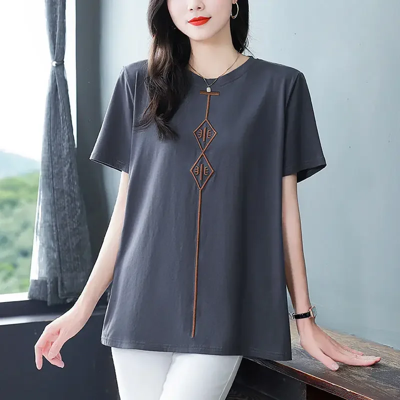 

Mom's Summer Korean New O-Neck Pullover T-shirt Commuter Fashion Art Style Embroidered Loose Casual Versatile Short Sleeve Z78