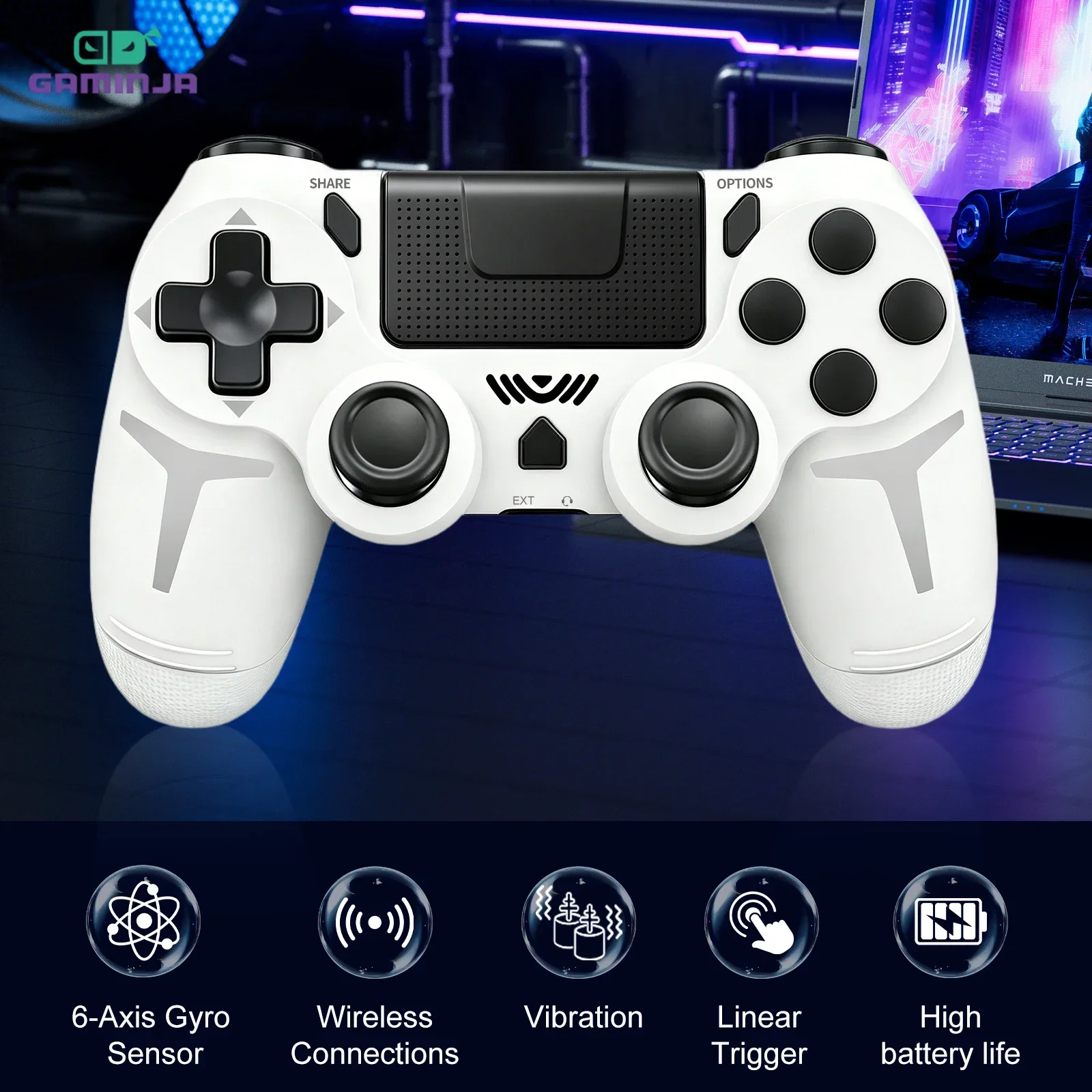 جهاز تحكم لاسلكي GAMINJA مزود بمستشعر حركة سداسي المحاور واهتزاز مزدوج ولوحة لمس، متوافق مع أجهزة PS4 وPS3 والكمبيوتر الشخصي.