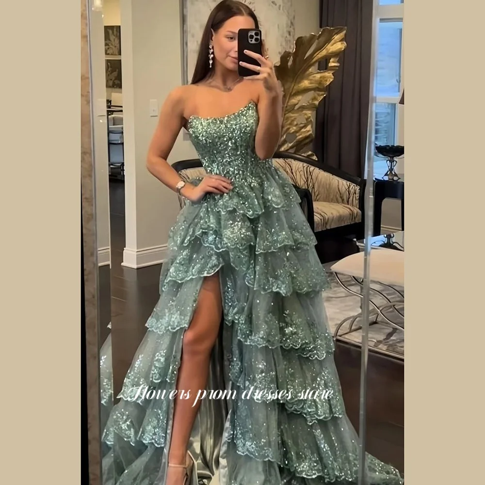 Flowers Scoop Neck A Line Evening Dress Applique Party Dress Glitter Tiered  Layers vestidos de fiesta Customized - AliExpress 320
