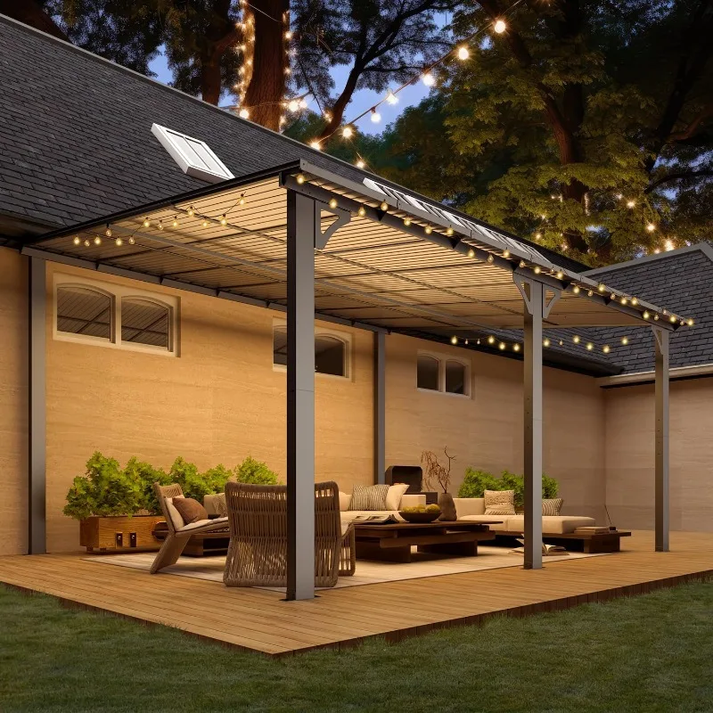 AECOJOY 14' x 12' Gazebo Outdoor Pergola for Patio,Wall-Mounted Hard Top 12x14 Lean to Metal Gazebo Shelter Pergolas and Gazebos