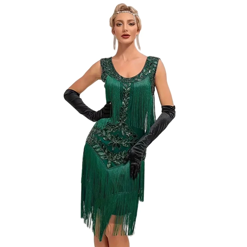 1920s Sleeveless Flapper Dresses Scoop Neck Great Gatsby Dresses Fringed Sequin Roaring 20s Dress Cocktail Party Costume 2