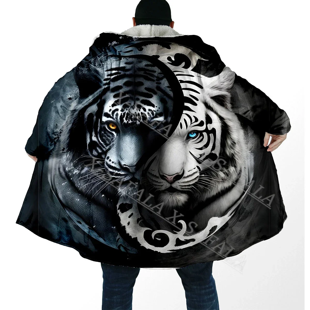 

Viking Tattoo Tiger Yin And Yang 3D PRINT Thick Warm Hooded Cloak Men Overcoat Coat Windproof Fleece Cape Robe Hooded Blanket-5