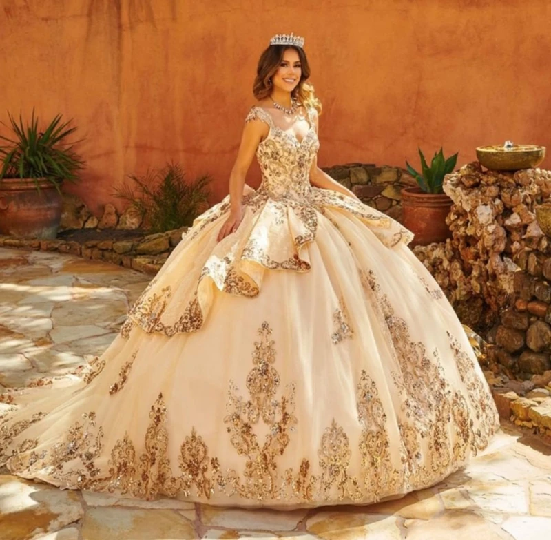 EVLAST Quinceanera Dress Cap Sleeve Flower Applique Gold Lace Crystal Formal Princess Gown Vestido De 15 A&ntilde;os TQD021