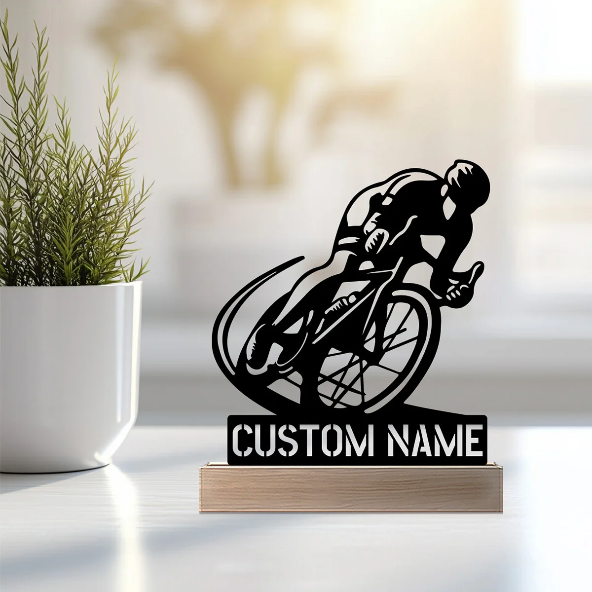 Statue vélo personnalisée en métal avec base en bois