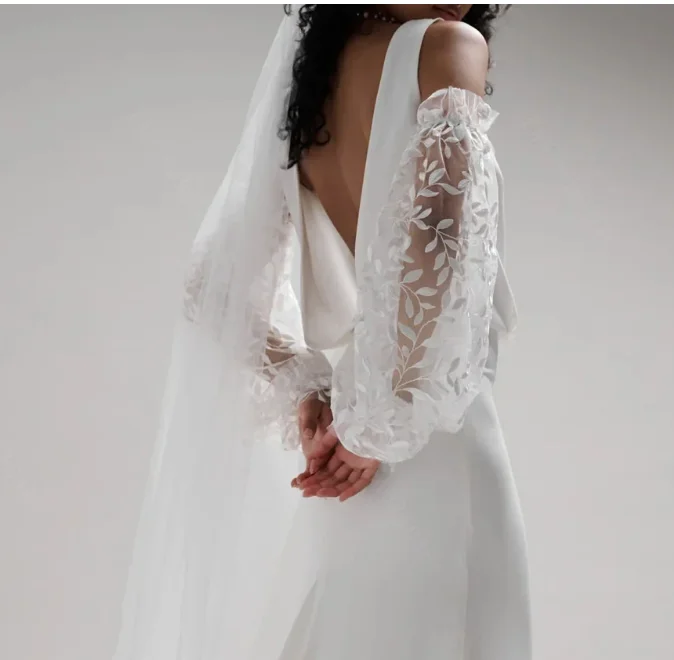 Elegant Leaf Lace Puff Bridal Detachable Sleeves Removable Wedding Sleeves