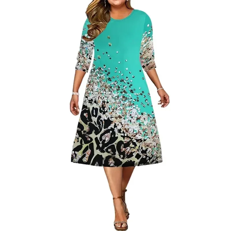 

Женское платье-миди с леопардовым принтом, круглым вырезом и рукавом до локтя