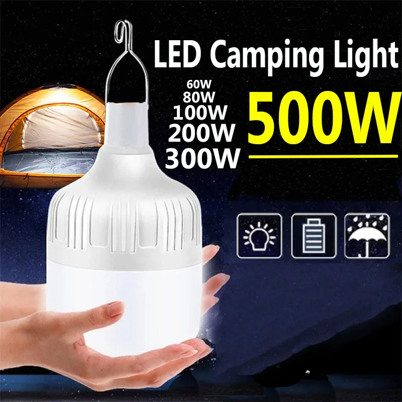 Camping Light 500/60W USB Rechargeable LED Emergency Lamp Outdoor Portable Lanterns Hook for BBQ Tents Battery Bulb