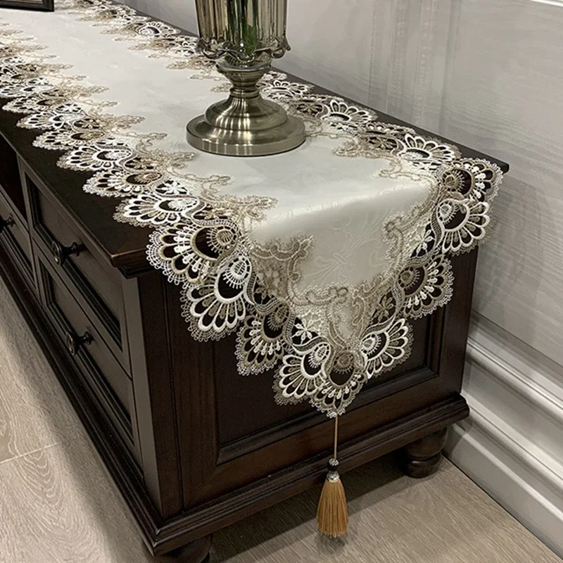 Oval Lace Table Runner Embroidered TV Cabinet Tablecloth Lace Pendant Tassel Dresser Table Flag Dust Cover