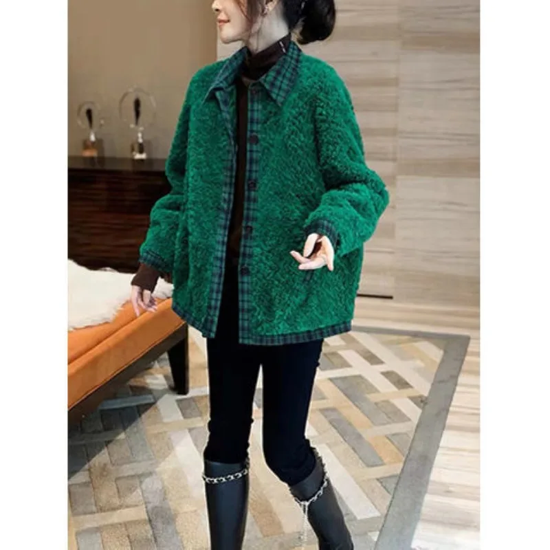 Women's Polo Collar 2023 Autumn and Winter New Fashion Solid Color Patchwork Plaid Button Wool Liner Long Sleeve Cardigan Coat covrlge winter thick warm sweater men patchwork cashmere wool liner zipper coat men cardigan jumpers fleece coats men mwk014