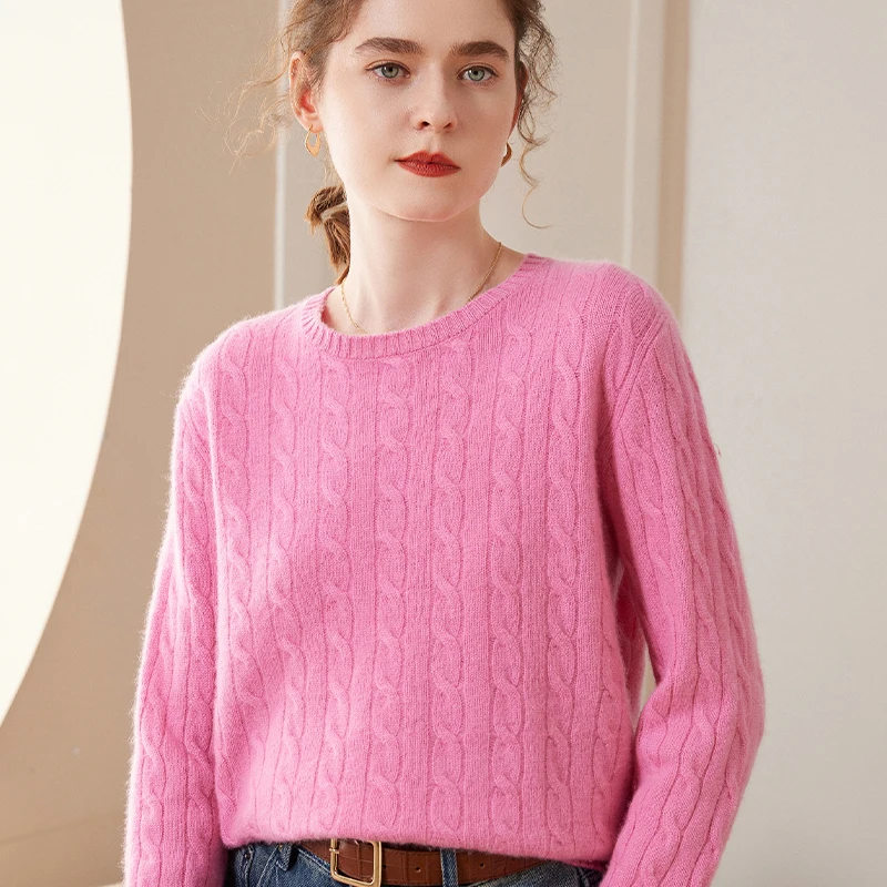 

24 New 100% Pure Cashmere Sweater Women Round Neck Head Whole Body Twisted Flower Thickened Loose Knit Sweater Women