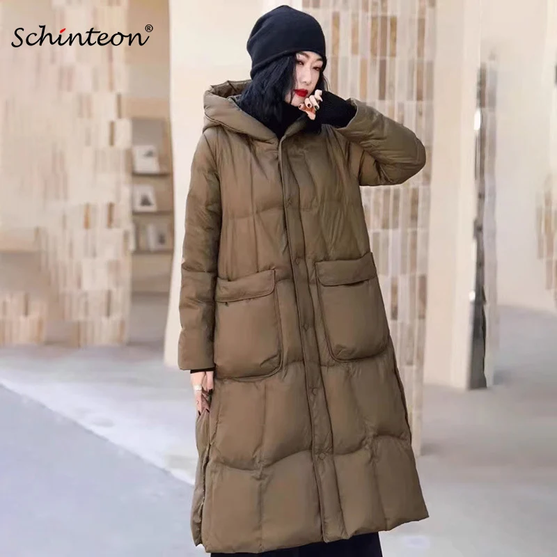 Schinteon Women White Duck Down Long Jacket Casual Loose Autumn Winter Outwear with Hood A-lined Coat Big Pockets 2024 New