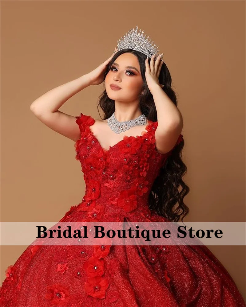 Quinceanera Dresses Red Sparkly Ball Gown 3D Flower Applique Off Shoulder Sweet 15 16 Dress Birthday Party Wear