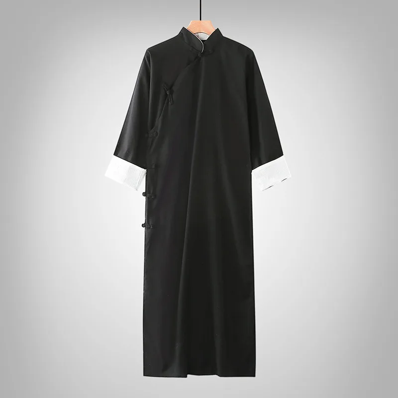 Traditional Chinese Style Dress for Men Cheongsam Hanfu Linen Long Robes Zen Tea Kungfu Tangsuit Performance Cross Talk Costume
