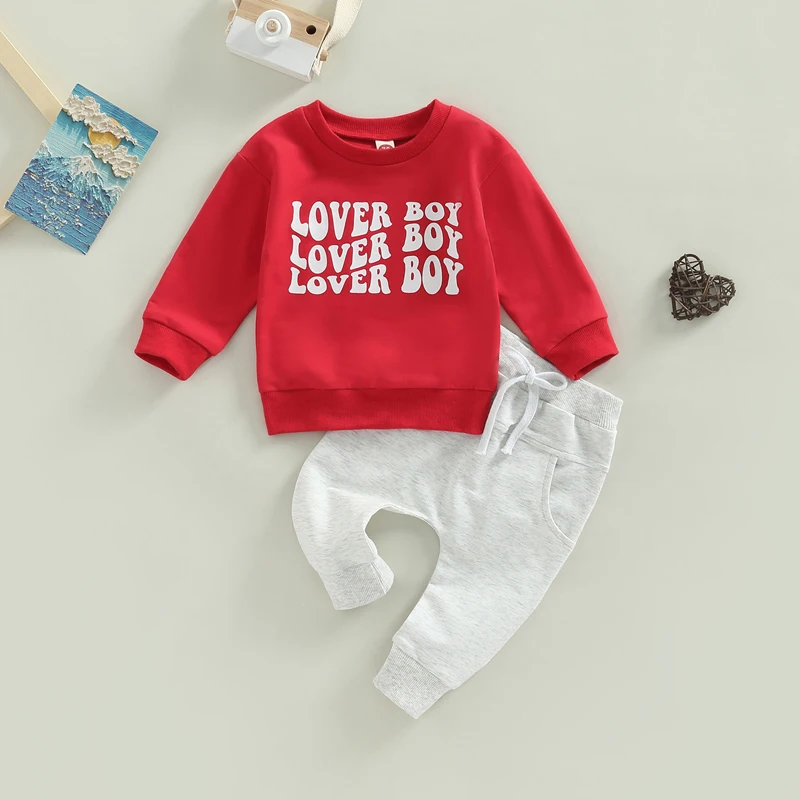 

Valentine's Day Autumn Toddler Kids Baby Boys Clothes Sets Red Letter Print Long Sleeve Sweatshirts+Drawstring Pants Outfits