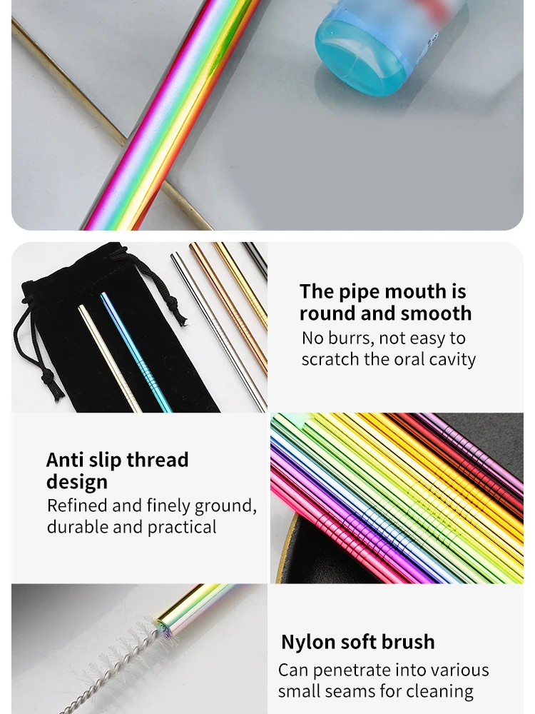 Description Picture 6 of item5 Pieces Stainless Steel Straw Set Colorful Metal Straws Bar Drinks Coffee Milk Tea Juice Drinking Utensils Environmental Protec