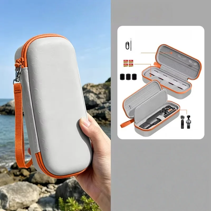 Étui de transport antichoc pour DJI Pocket 4 posé à côté de la caméra, protection renforcée