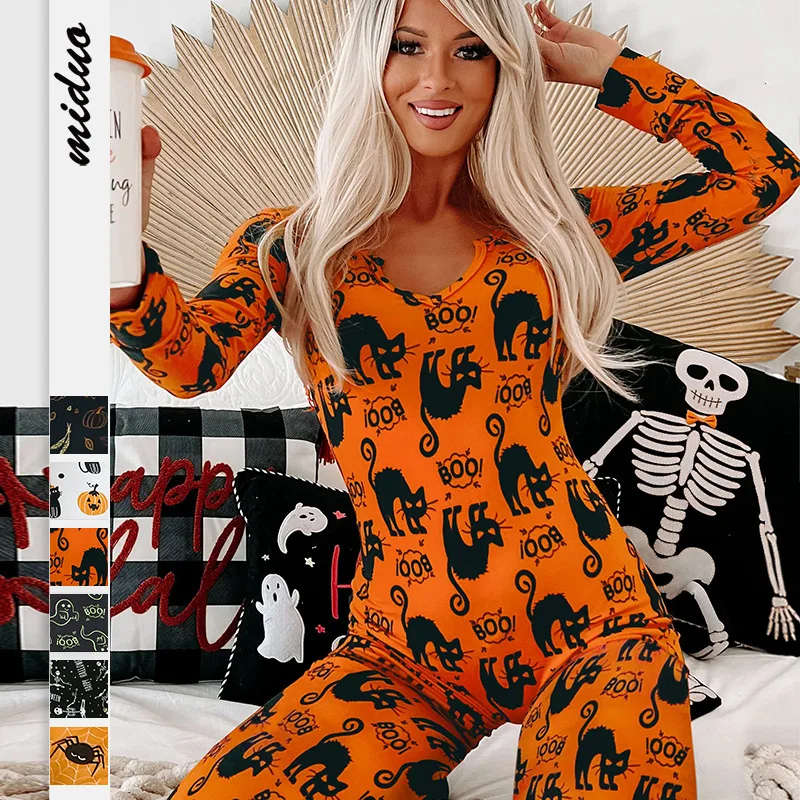 

Women Halloween Casual Playsuit Adults Slim-fit Cat / Skull / Bat/ Ghost Print Long Sleeve V-neck Rompers
