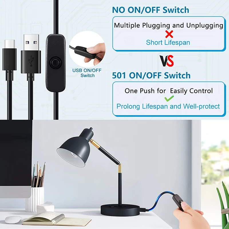 【C】1개 USB to Type C 스위치 케이블 5V 2A 전원 연장선 흰색/검정색 램프/팬 버튼 제어용