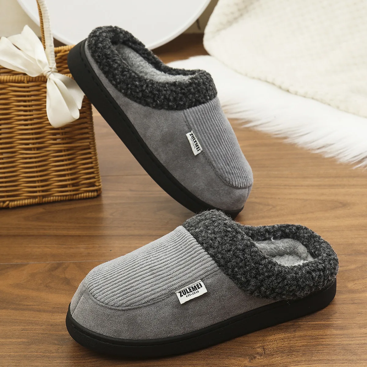 Men Cotton Slippers Winter Warm Fur Plush Indoor House Cotton Shoes Fashoin Outdoor Antiskid Fuzzy Fluffy Men Slipper