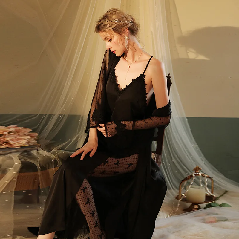 New Women Sexy Lace Nightgown Long Kimono Bath Gown Loose Suspender Nightdress Intimate Lingerie Wedding Bride Robe Set