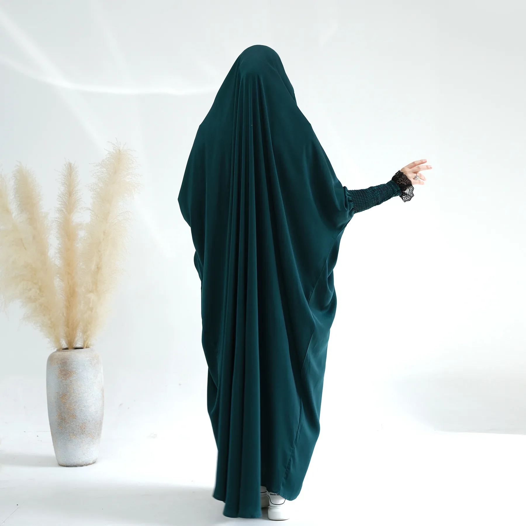 Eid Hooded Abaya One Piece Ramadan Abayas for Women Lace Cuff Satin Islamic Clothes Prayer Dress Muslim Dubai Turkey Niqab Burqa