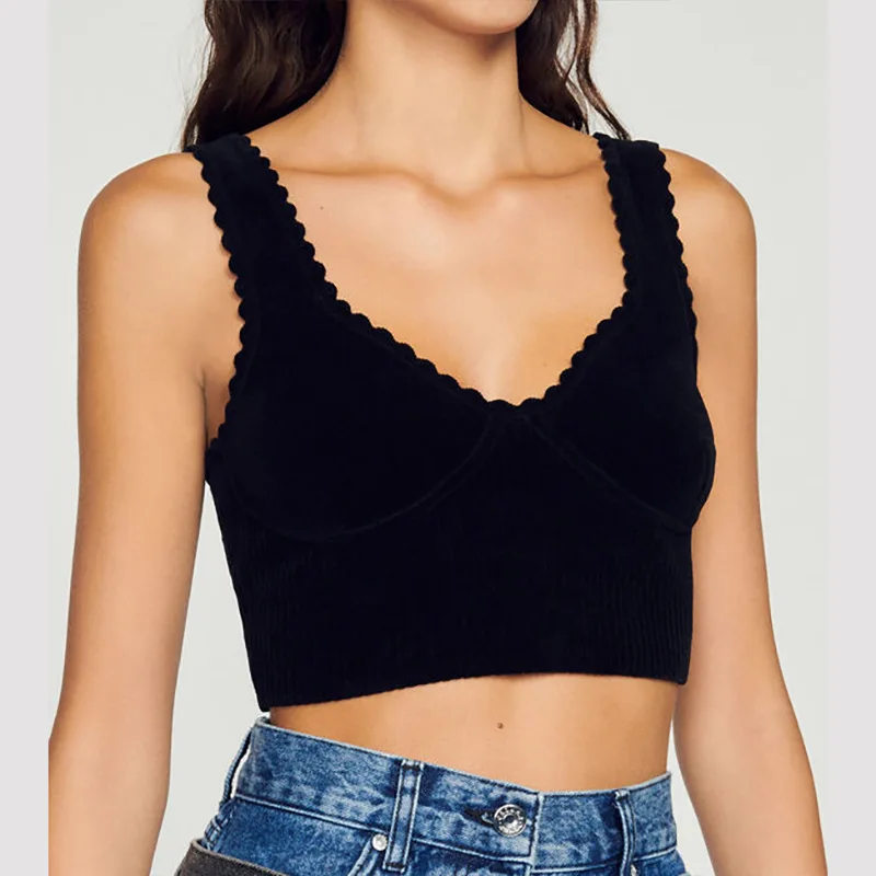 

Майка женская трикотажная во французском стиле, Модный облегающий жилет с V-образным вырезом и волнистой отделкой, короткий топ без рукавов