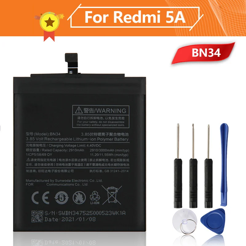 

Батарея для телефона BN34 для Xiao mi Red mi 5A Redrice 5A 3000 мАч BN34 сменная батарея + инструмент