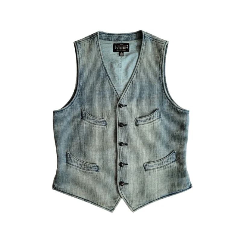 Men Washed Blue Sashiko Vest V-neck 4-Pockets Elegant Style Vintage Waistcoat