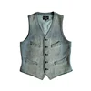 Men's Washed Blue Sashiko Vest V-neck 4-Pockets Elegant Style Vintage Waistcoat 1