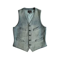 Men's Washed Blue Sashiko Vest V-neck 4-Pockets Elegant Style Vintage Waistcoat 1