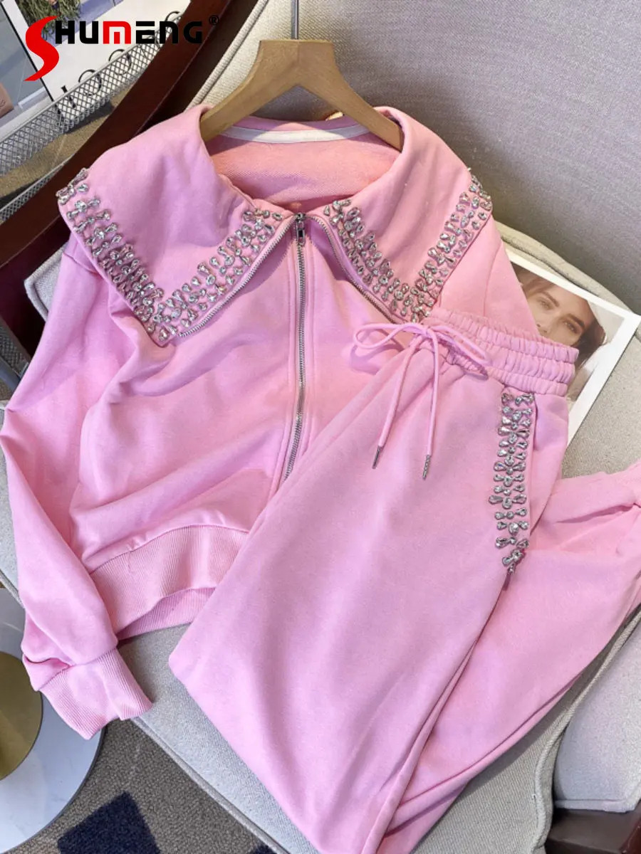 High-End Sweet Pink Casual Suit Women Hot Diamond Cardigan Coat Outerwear Ankle-Tied Sweatpants Two-Piece Set Early Spring 2023 oversized 4xl ankle length harem jeans elastic high waist women vaqueros korean baggy denim pants spring fall casual pantalones