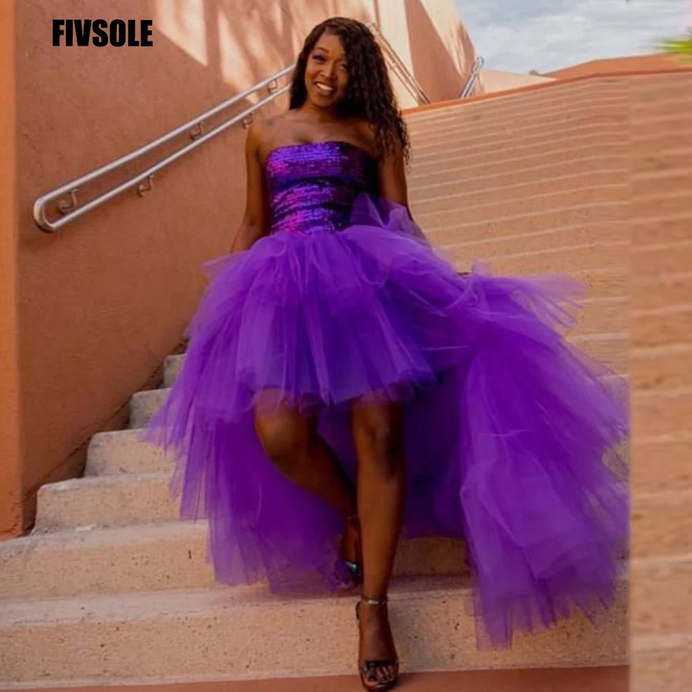 

Fivsole High Low Prom Dresses Strapless A-Line Saudi Arabia Evening Gowns PurpleTulle Celebrity Party Dresses Robe De Soirée