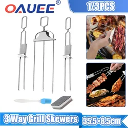 3 Way Grill Skewers Shrimp Skewers For Grilling Stainless Steel Reusable Semi-Automatic BBQ Fork 2 Way Kebab Stick Kitchen Tools