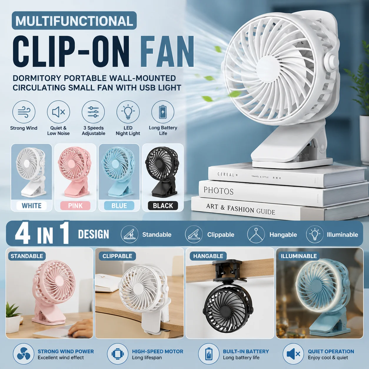 Portable Clip Fan with LED Light | USB Rechargeable Desk Fan Wall Mounted Dormitory Cooling Fan 1