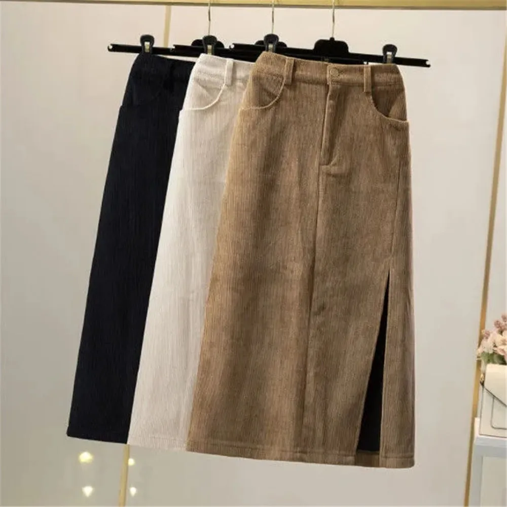 

Vintage Corduroy With Side Slit Midi Skirts Women'S A-Line Hight Waist Elegant Female Autumn Winter Korean Fashion Black Skirt